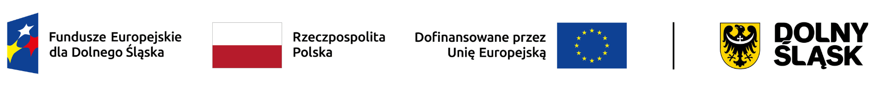 Logotypy projektu: znak funduszy europejskich, flaga RP, flaga Unii Europejskiej, herb Dolnego Śląska