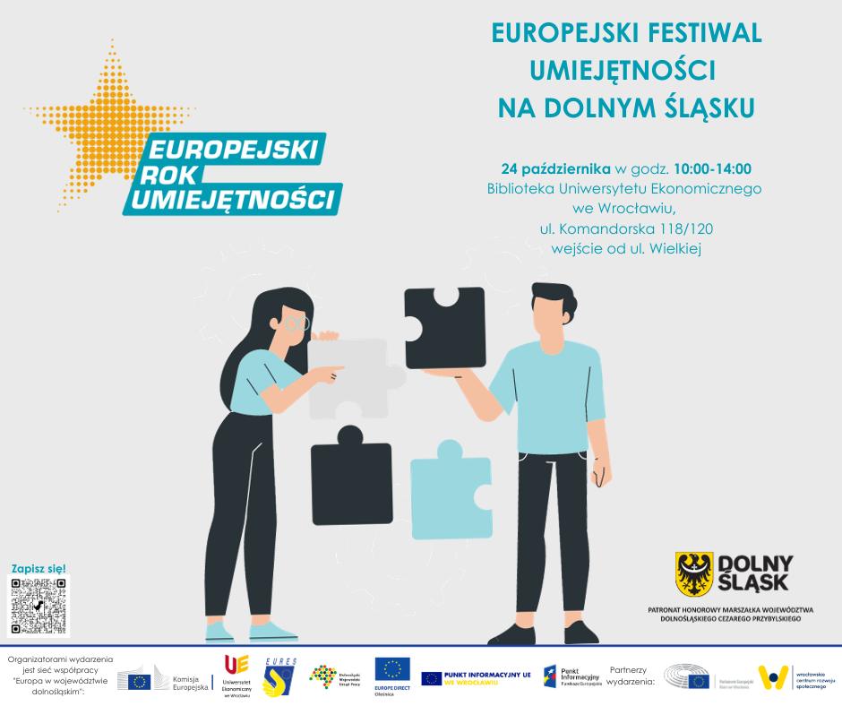 Grafika ozdobna dla Europejskiego Festiwalu Umiejętności Na Dolnym Śląsku, na której znajduje się treść: 24 października w godzinach od 10 do 14 Biblioteka Uniwersytetu Ekonomicznego we Wrocławiu, ulica Komandorska 118/120 wejście od ulicy Wielkiej