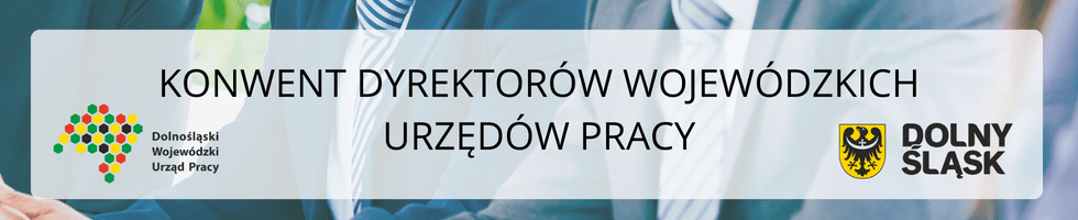 Grafika ozdobna z napisem "Konwent Dyrektorów Wojewódzkich Urzędów Pracy" zawierająca w lewym dolnym rogu logo Dolnośląskiego Wojewódzkiego Urzędu Pracy, a w prawym dolnym rogu znajduje się logo Województwa Dolnośląskiego