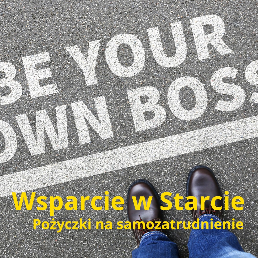 Grafika ozdobna zawierające treść: Wsparcie na Starcie. Pożyczki na samozatrudnienie.