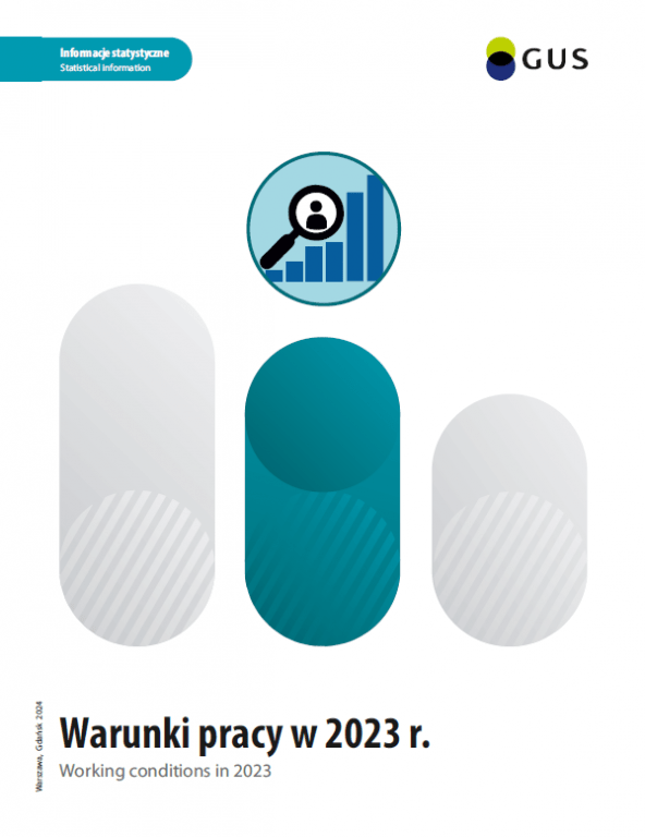 Grafika okładki ozdobnej publikacji pn.: Warunki pracy w 2023r.