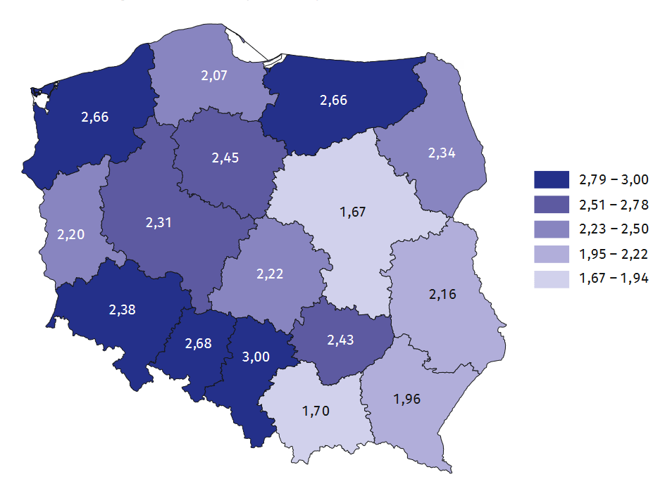 Mapa przedstawia wskaźnik wypadkowości w wypadkach przy pracy na 1000 pracujących w I półroczu 2024 r. w poszczególnych województwach: zachodniopomorskie 2,66, lubuskie 2,16, dolnośląskie 2,38, pomorskie 2,07, wielkopolskie 2,31, opolskie 2,68, kujawsko-pomorskie 2,45, łódzkie 2,22, śląskie 3,00, warmińsko-mazurskie 2,66, mazowieckie 1,67, świętokrzyskie 2,43, małopolskie 1,70, podlaskie 2,34, lubelskie 2,16, podkarpackie 1,96.