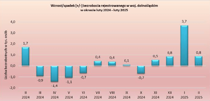 Wykres słupkowy dotyczący spadku lub wzrostu bezrobocia rejestrowanego w województwie dolnośląskim w okresie od lutego 2024 do lutego 2025, wartości w przybliżeniu: luty 2024 wzrost o 1700 osób, marzec 2024 spadek o 900 osób, kwiecień 2024 spadek o 1400 osób, maj 2024 spadek o 1100 osób, czerwiec spadek o 700 osób, lipiec wzrost o 400 osób, sierpień wzrost o 400 osób, wrzesień wzrost o 100 osób, październik spadek o 700 osób, listopad wzrost o 500 osób, grudzień wzrost o 800 osób; styczeń 2025 wzrost o 3700 osób, luty 2025 wzrost o 800 osób.